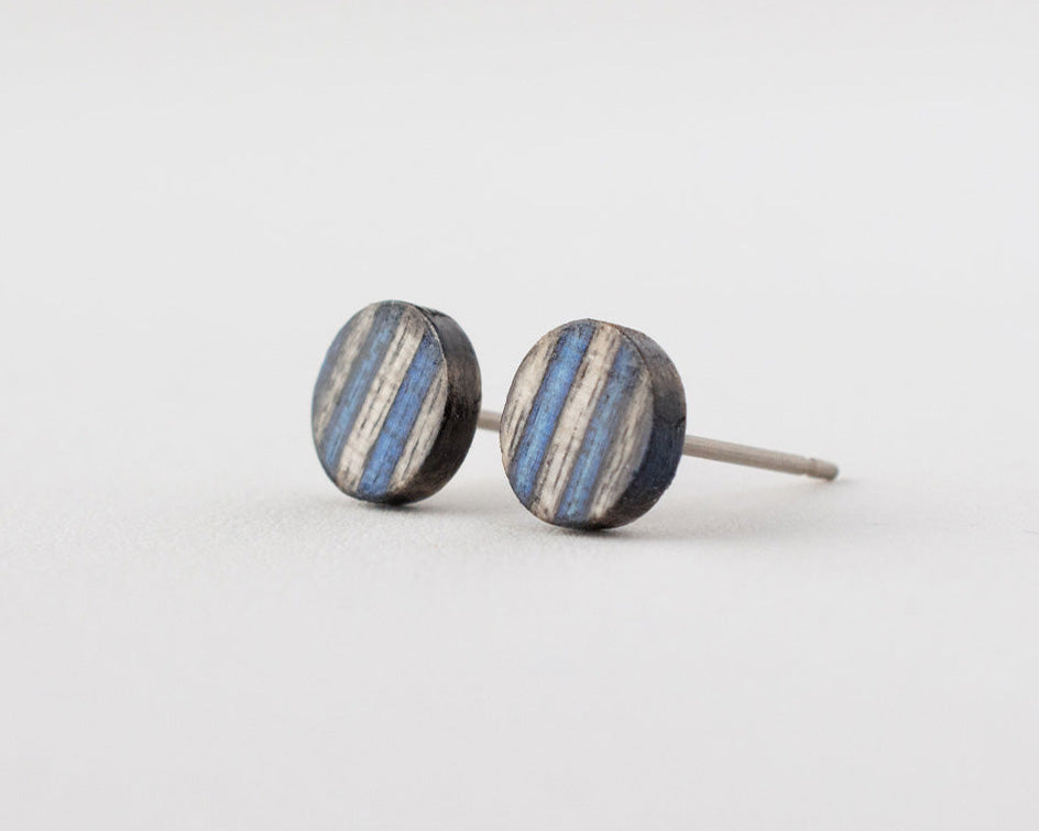blue stripe small wood stud earrings 45 degree angle