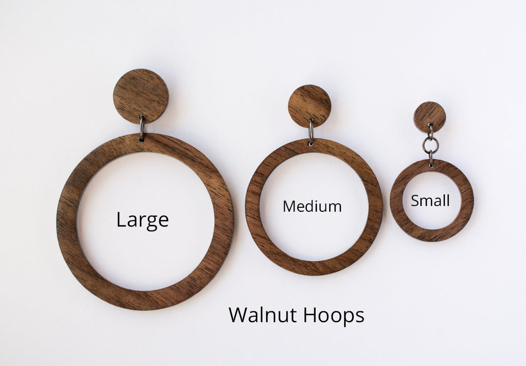 3 sizes of walnut hoop earrings