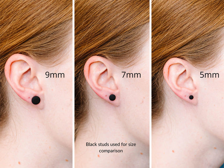 9mm, 7mm, 5mm stud earrings on model