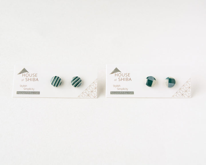 Green Patterned Glossy Stud Earrings