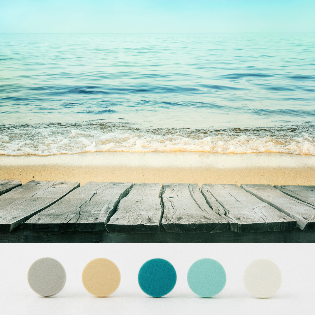 view of beach and a boardwalk with 5 images of light gray, light mustard yellow, blue, light blue and off white stud earrings