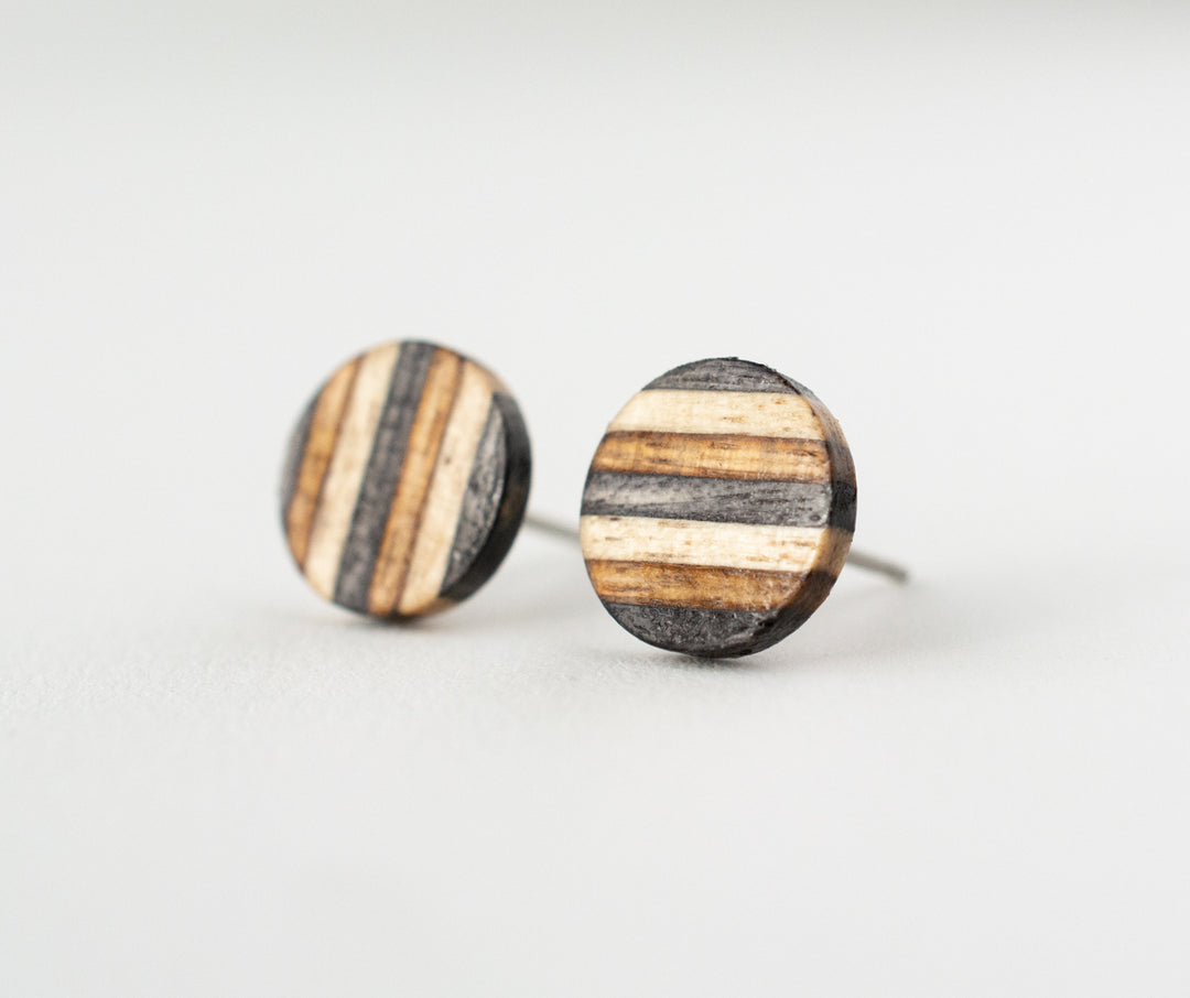 Neutral Striped Wood Stud Earrings