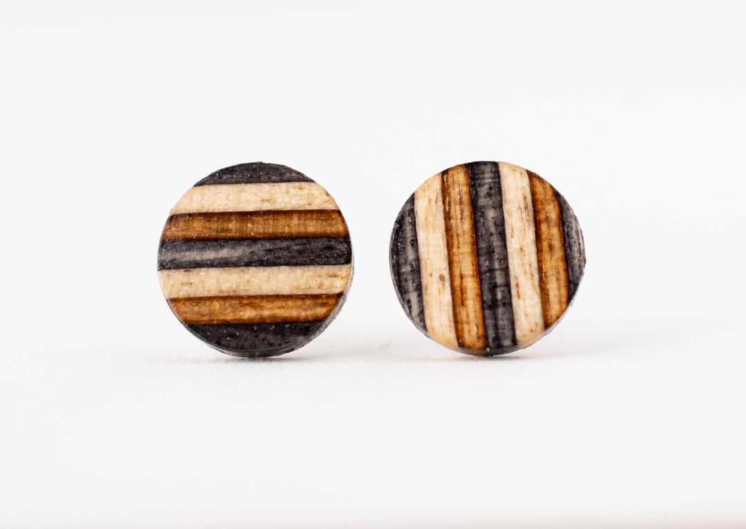 neutral stripes wood stud earrings front