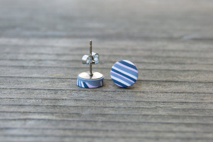 Lavender, Gray, Navy, White Striped Stud Earrings