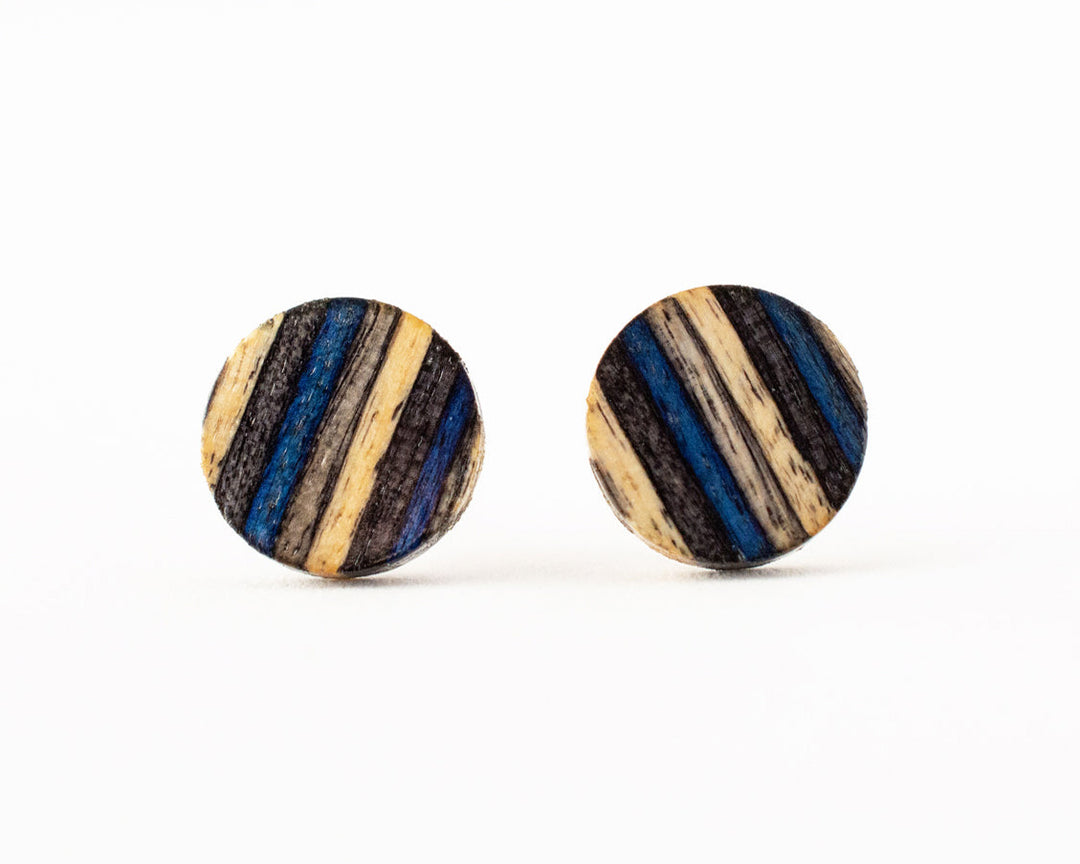 lg blue stripe wood stud earrings front