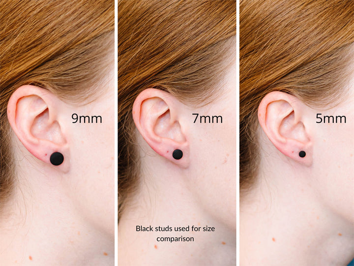 size comparison of stud earrings, 5mm, 7mm, 9mm on model