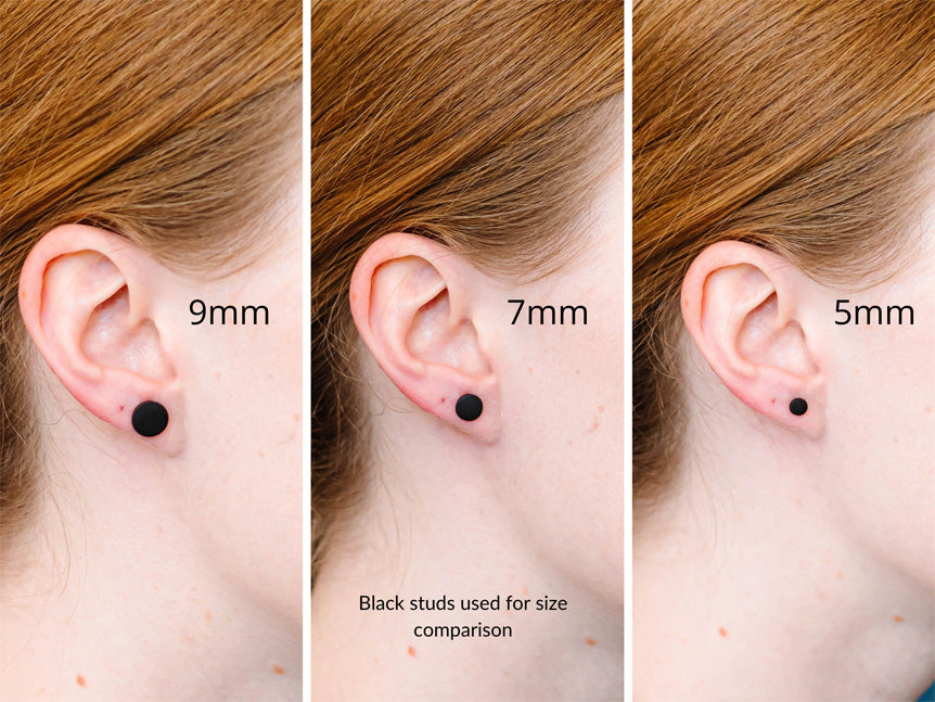 9mm, 7mm, 5mm stud earrings on same ear