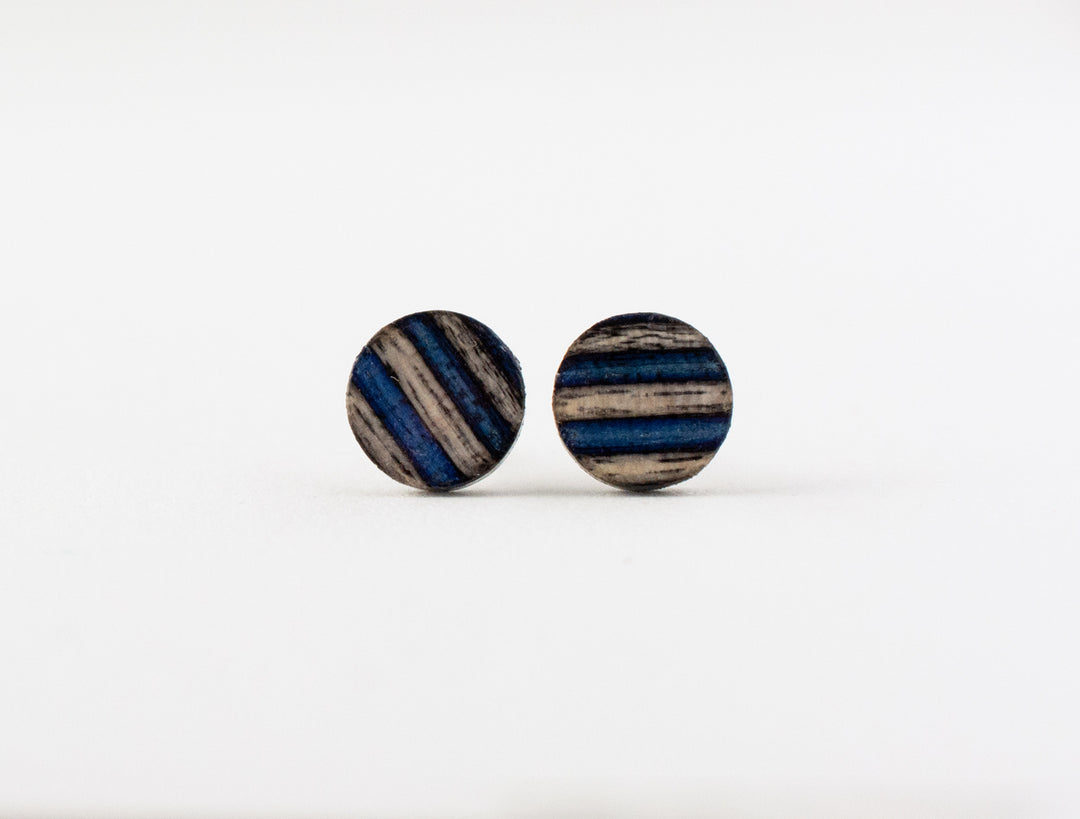 small blue stripe wood stud earrings front