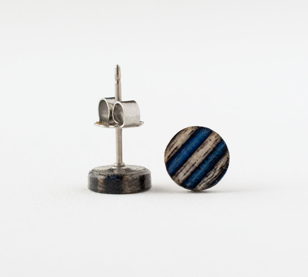 small blue stripe wood studs back view with butterfly back