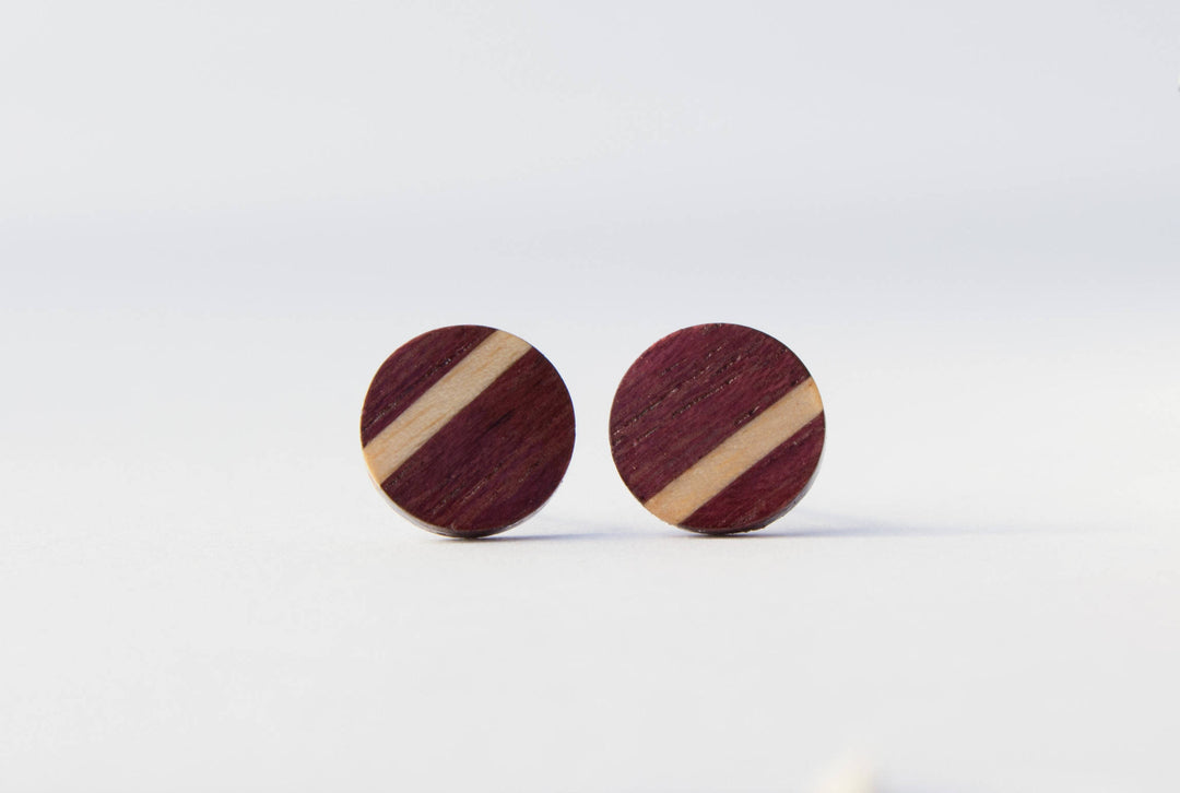 purple heartwood stripe wood stud earrings front