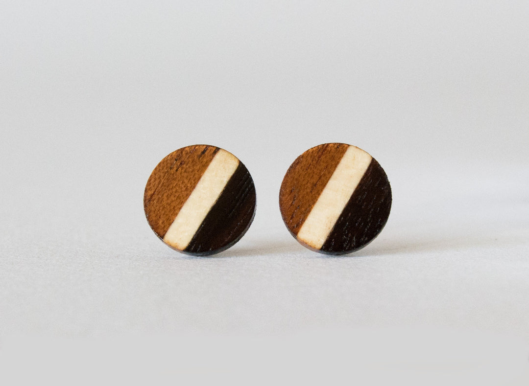 tri-wood stud earrings front