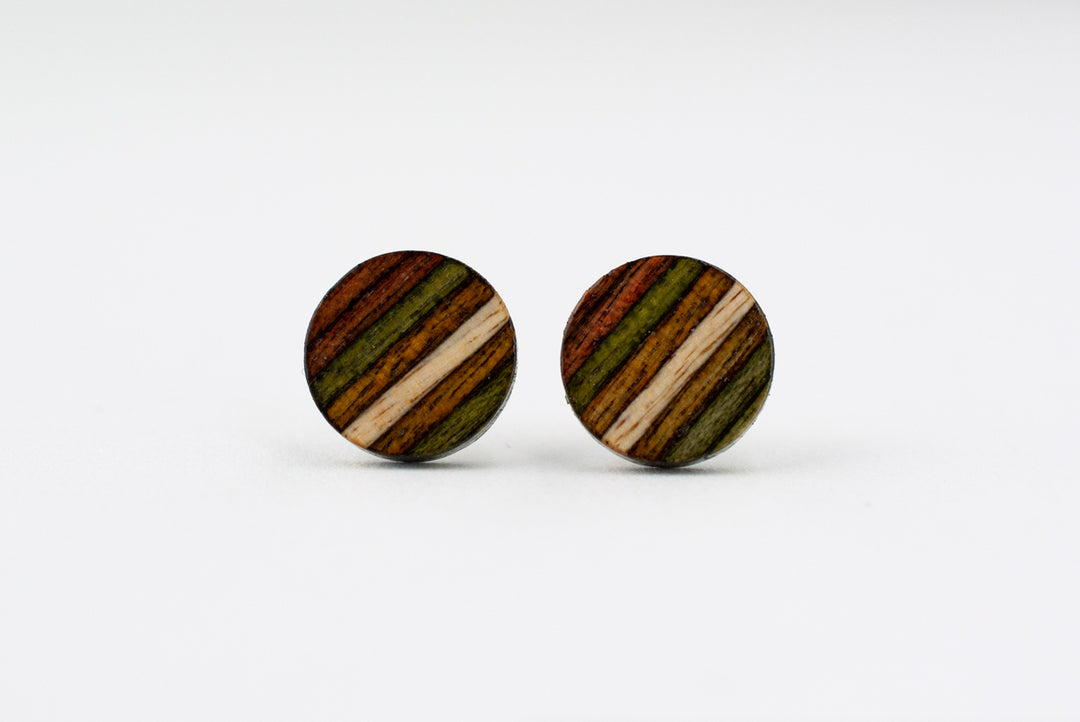 warm color stripes wood stud earrings front