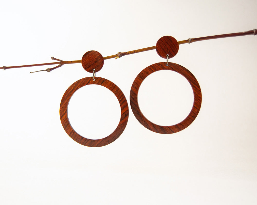 cocobolo wood hoops hanging from a twig